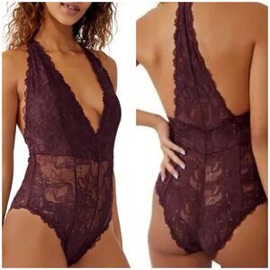 Free People Plum Jam Everyday Lace Bodysuit Size Small Sheer Deep V Floral